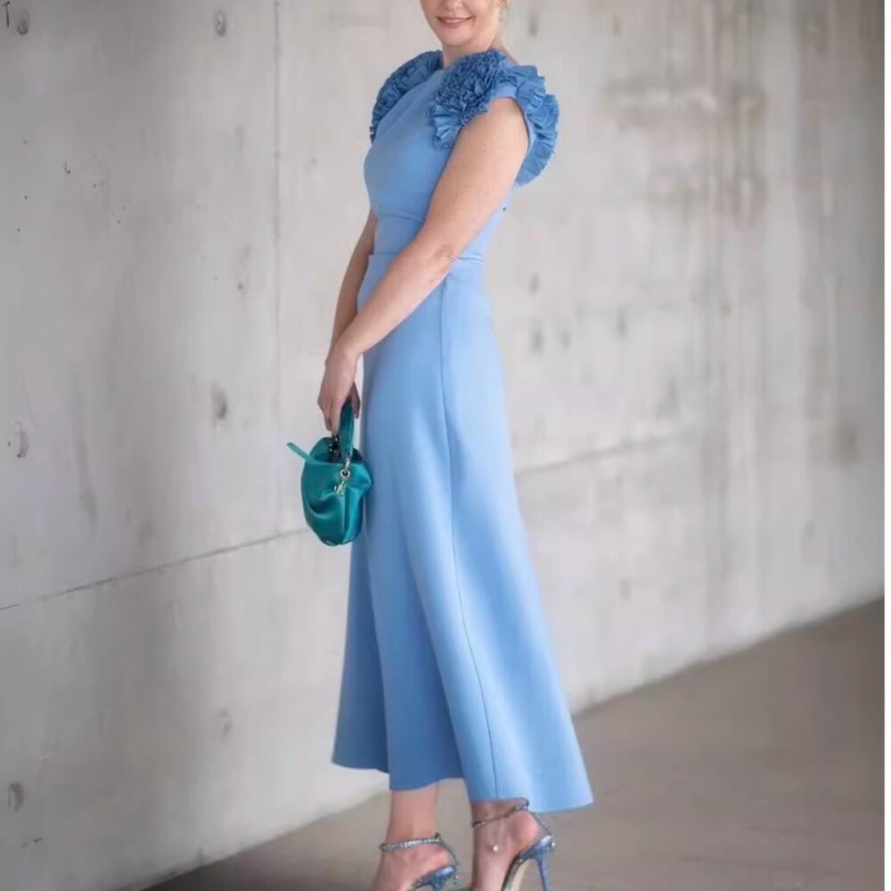 Rachel Gilbert Margot Drape Midi Dress 6/8/10 Blue Cocktail Event Wedding - Picture 3 of 9